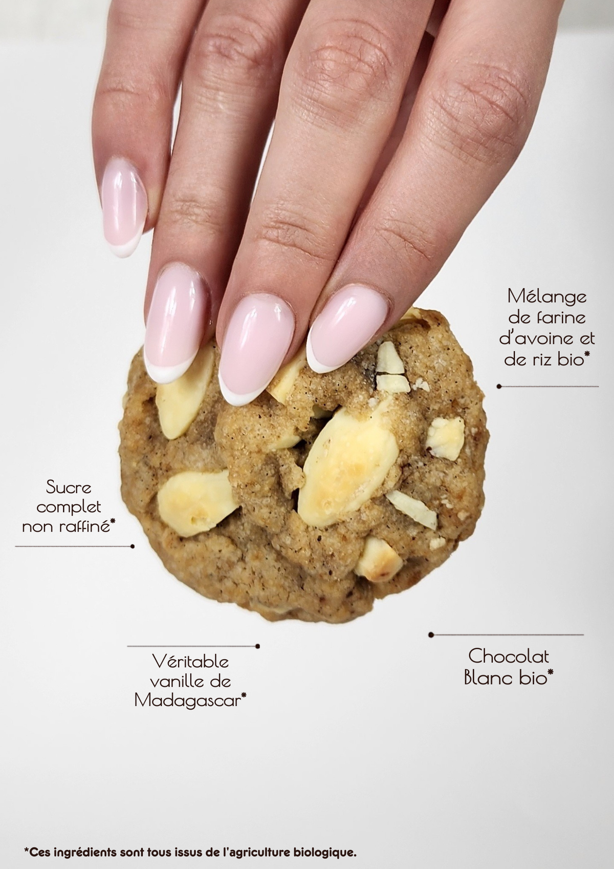 Cookie sans gluten chocolat blanc inrÀtable avec ses ingrédients bio : chocolat blanc, vanille de Madagascar, farine d'avoine et de riz